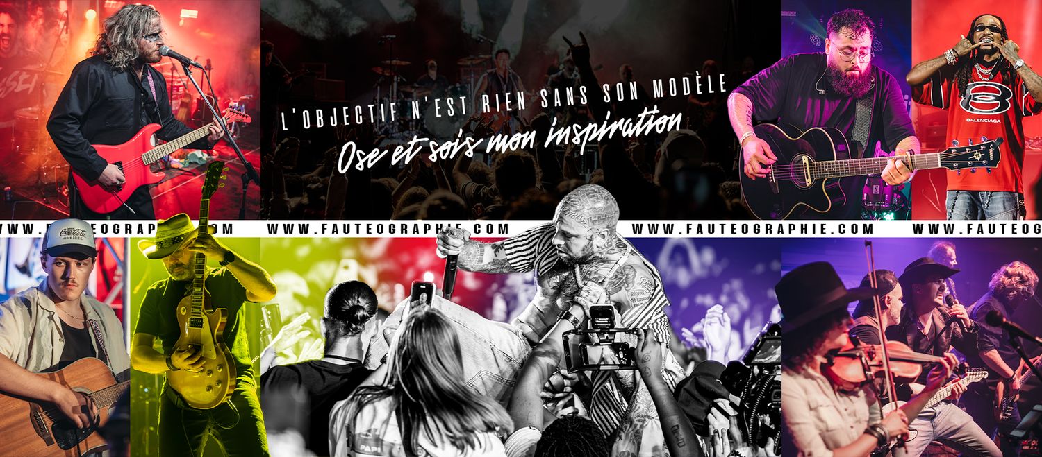 A collage of rock concert photos showing performers on stage with dramatic lighting and musical instruments.
