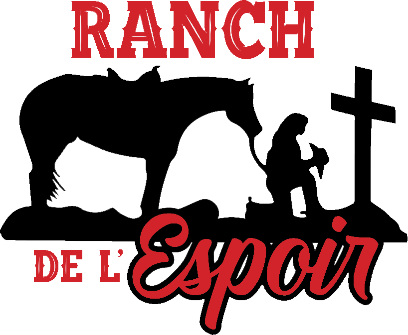 Silhouette design of a horse, person praying, and cross with text Ranch de l'Espoir in red and black.