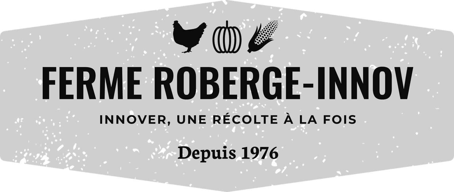 Farm logo for Ferme Roberge-Innov with chicken and pumpkin icons in grayscale.