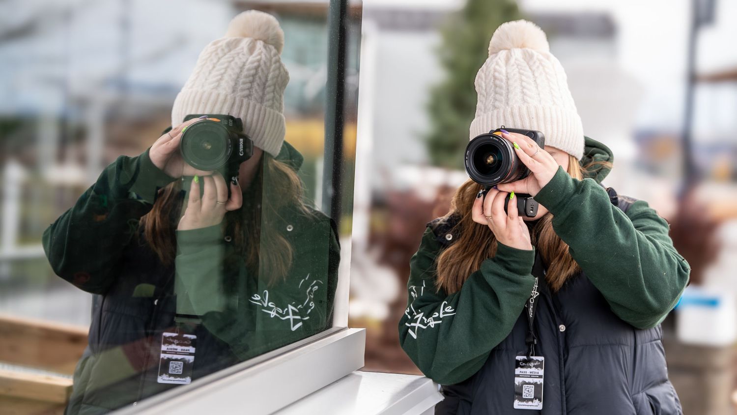 Multiple shots of photographers taking pictures with cameras in an outdoor setting.
