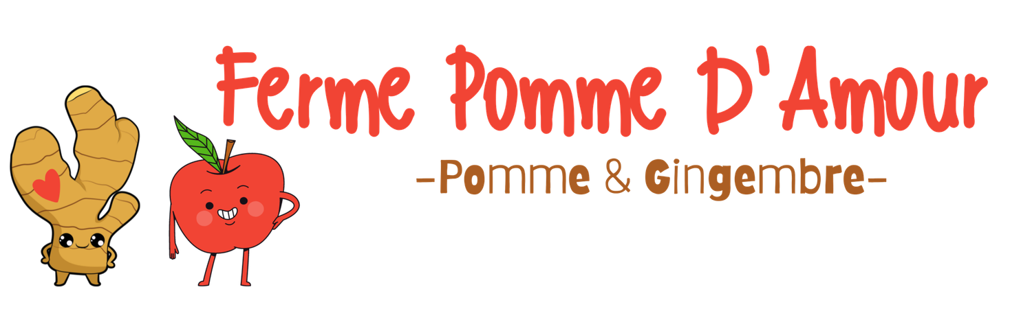 Cute illustrated farm logo with apple and rooster mascots.