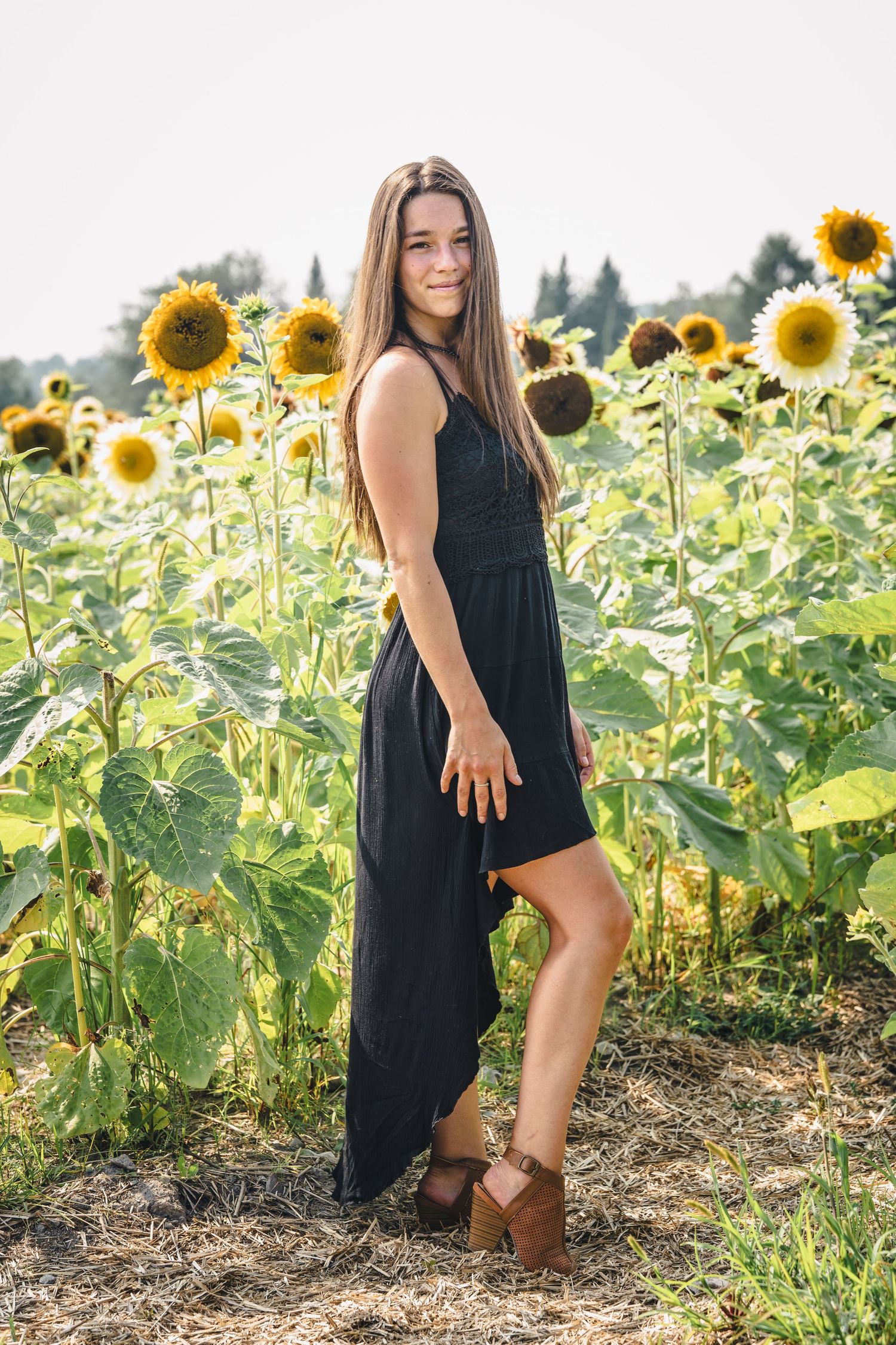 A photoshoot in a vibrant sunflower field showcasing summer fashion and natural beauty.