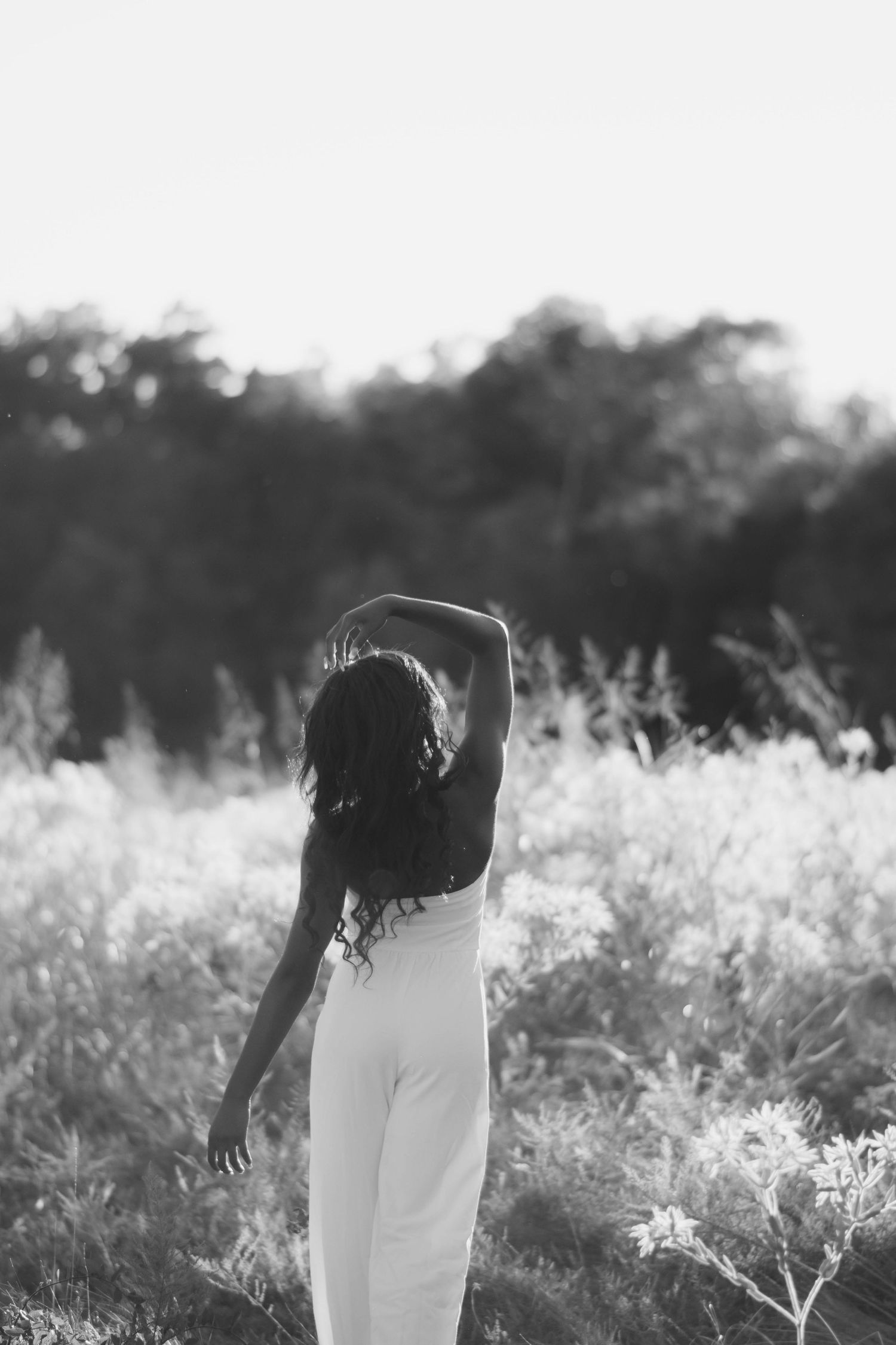 Silhouette of person stretching gracefully in sunlit field of tall grass.