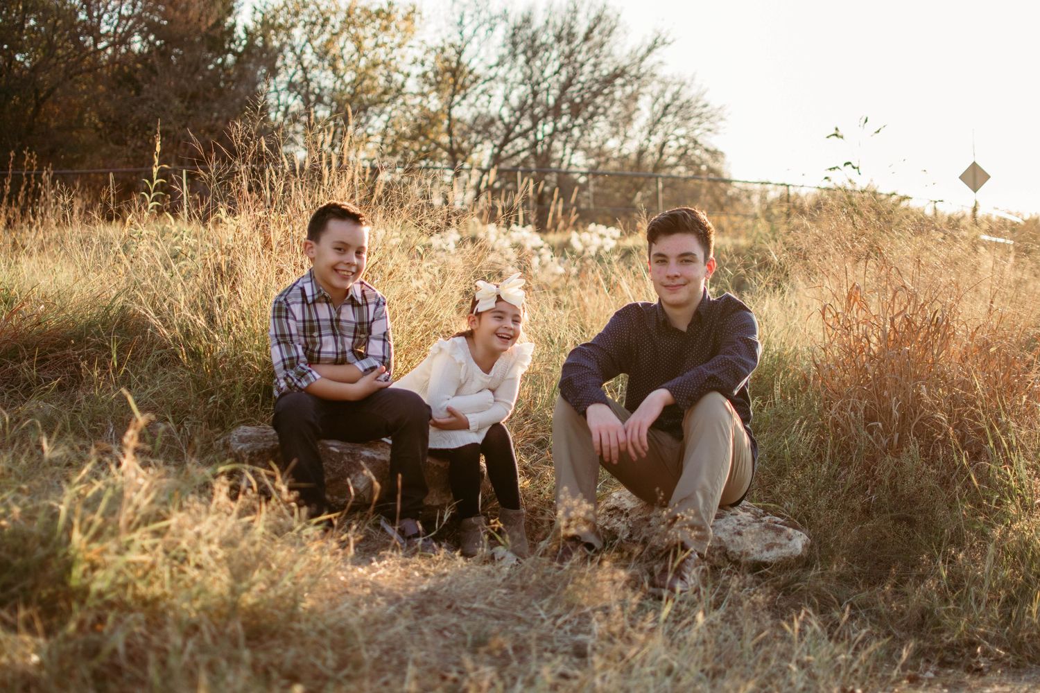 A heartwarming sunset family portrait in a golden field with tall grass and trees in the background.