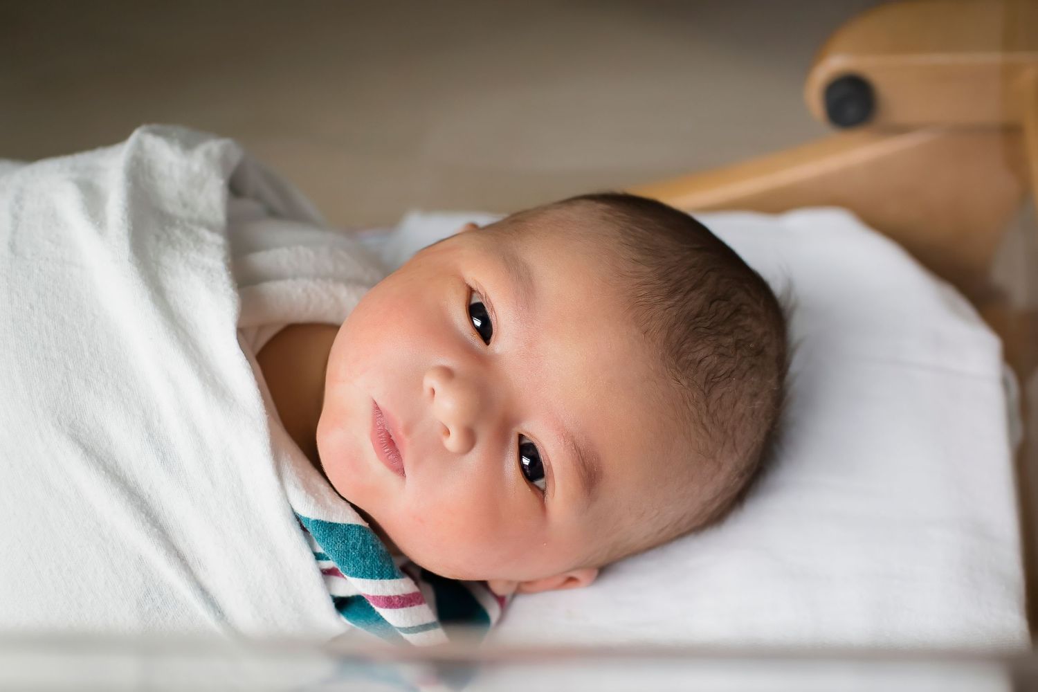 A small baby wrapped in a white blanket gazes at the camera with bright, alert eyes.