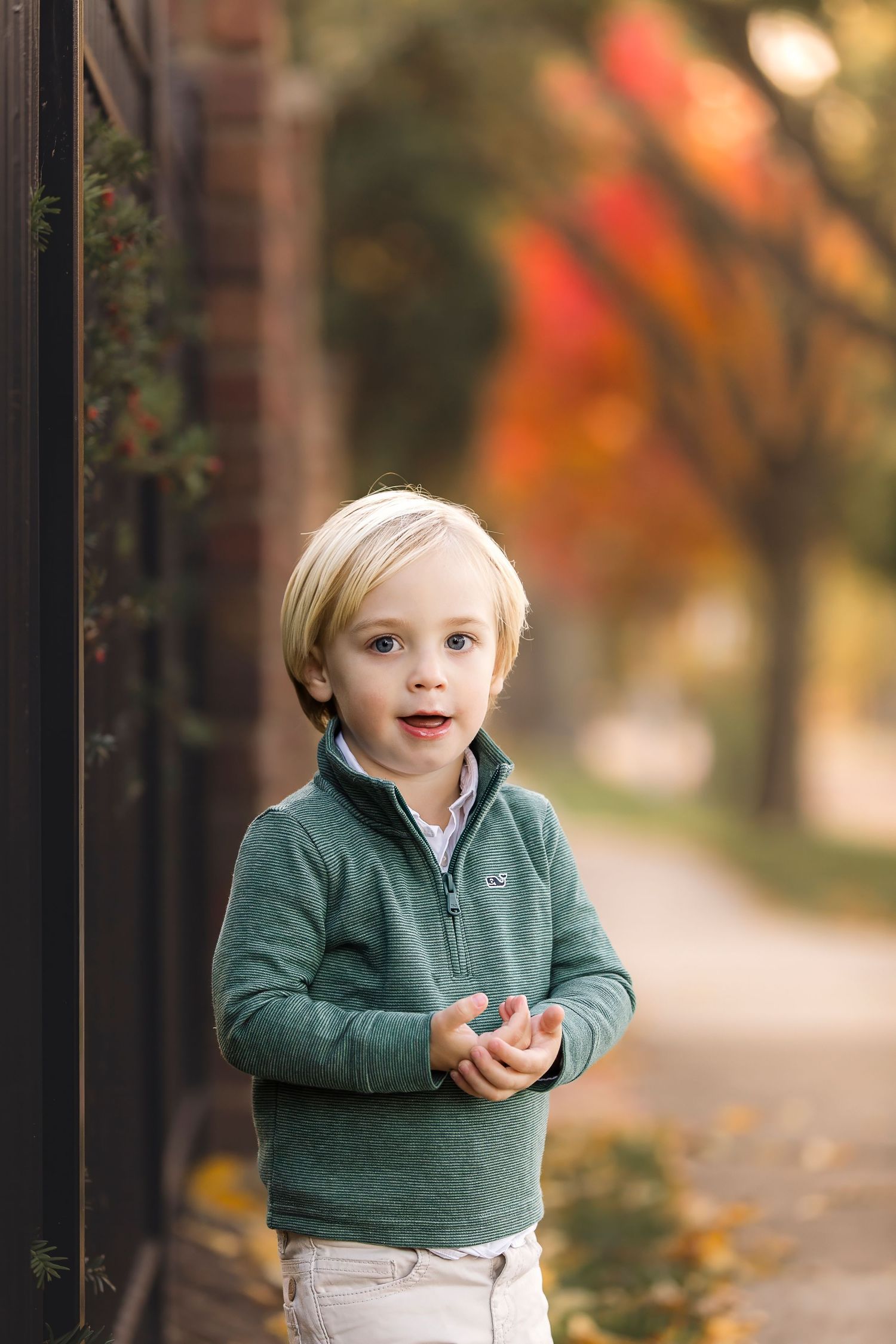 A child in a green pullover stands outdoors against a backdrop of autumn foliage.