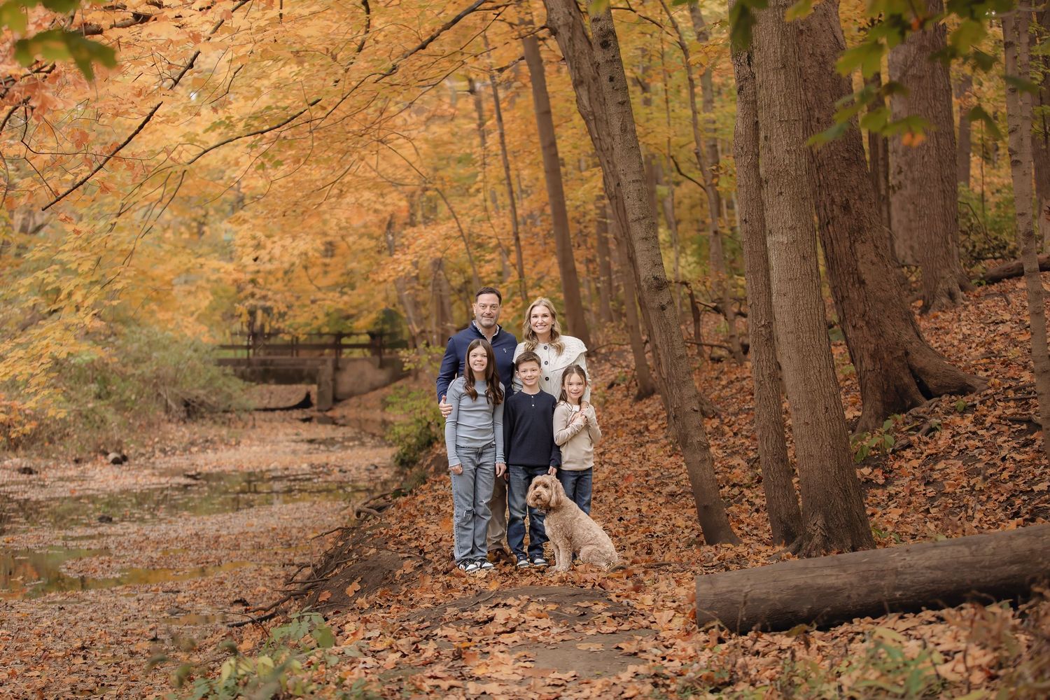 Family with dog posing among autumn trees with golden foliage in a scenic woodland setting.