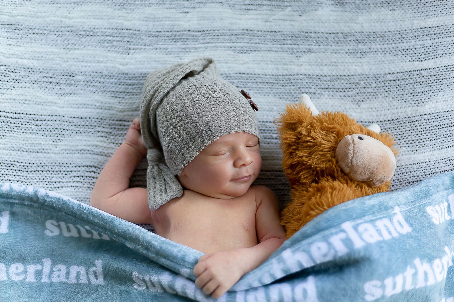 Newborn baby sleeping on blue blanket with teddy bear and knit hat in professional portrait session.