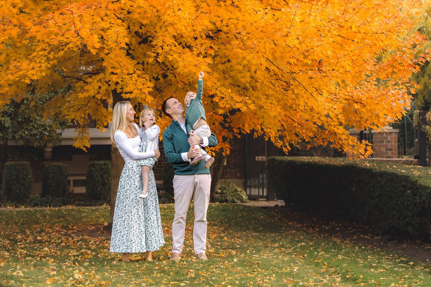 People walking beneath vibrant orange and yellow fall foliage in a park setting.