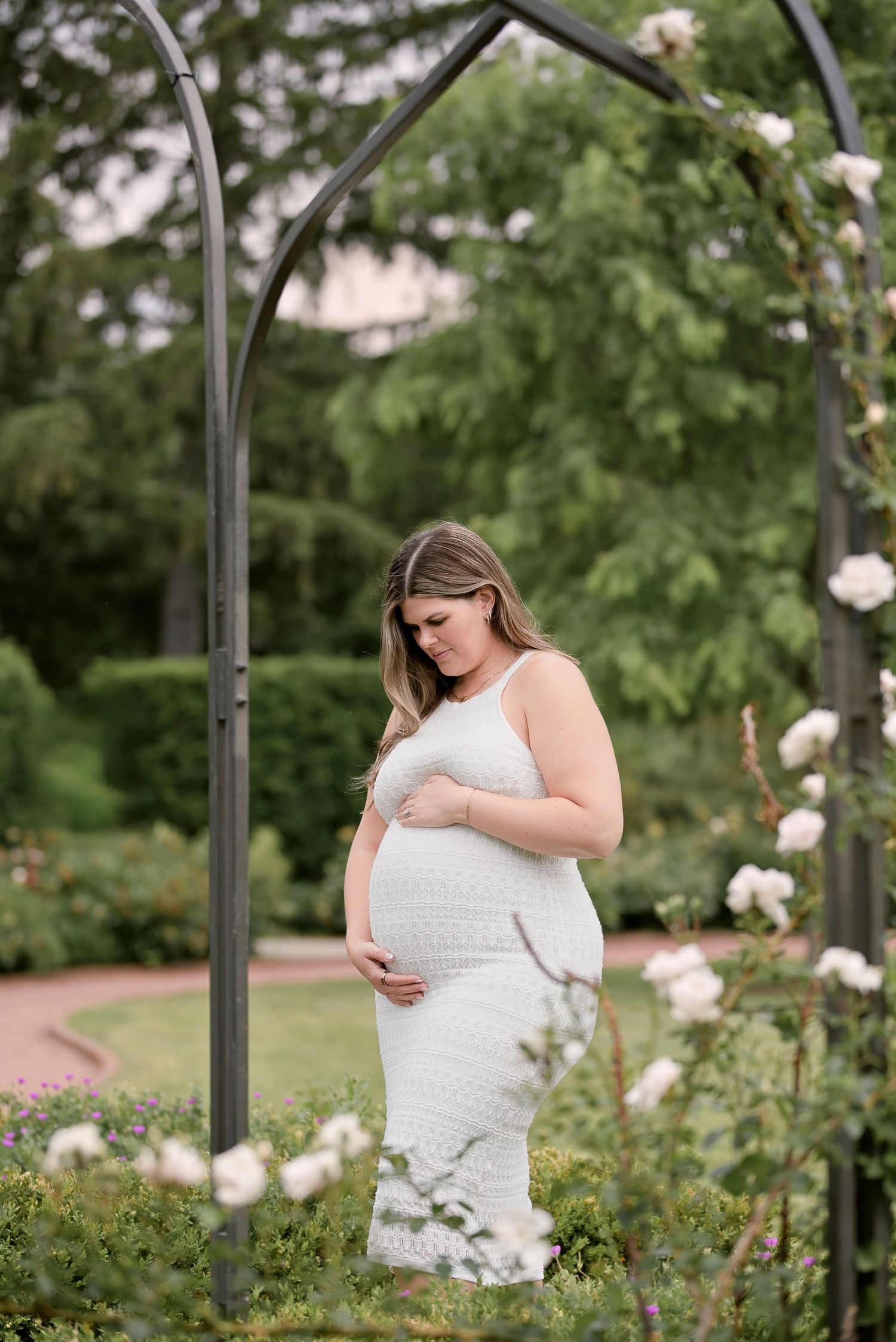 Pregnant woman in white lace dress cradling baby bump under garden arch surrounded by blooming roses.