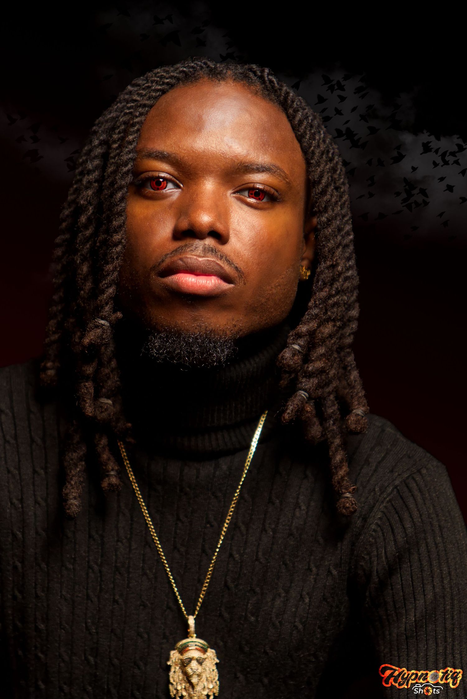 Low-key portrait series featuring black sweater and gold chain necklace against dark background.