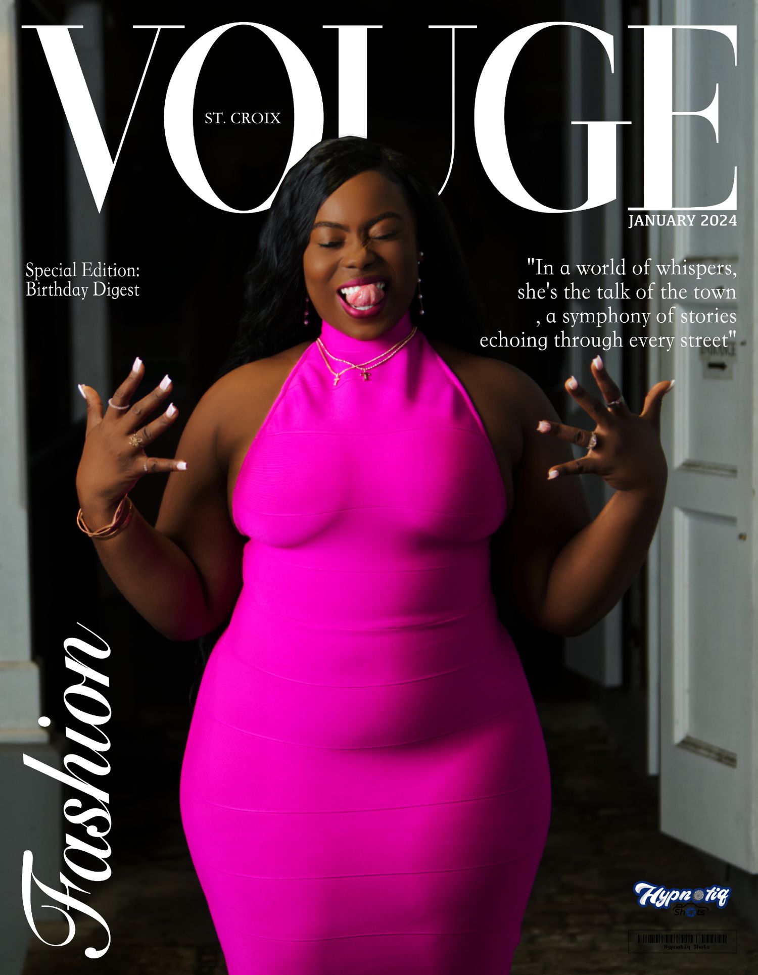 Magazine cover featuring a vibrant hot pink dress against a dark background.