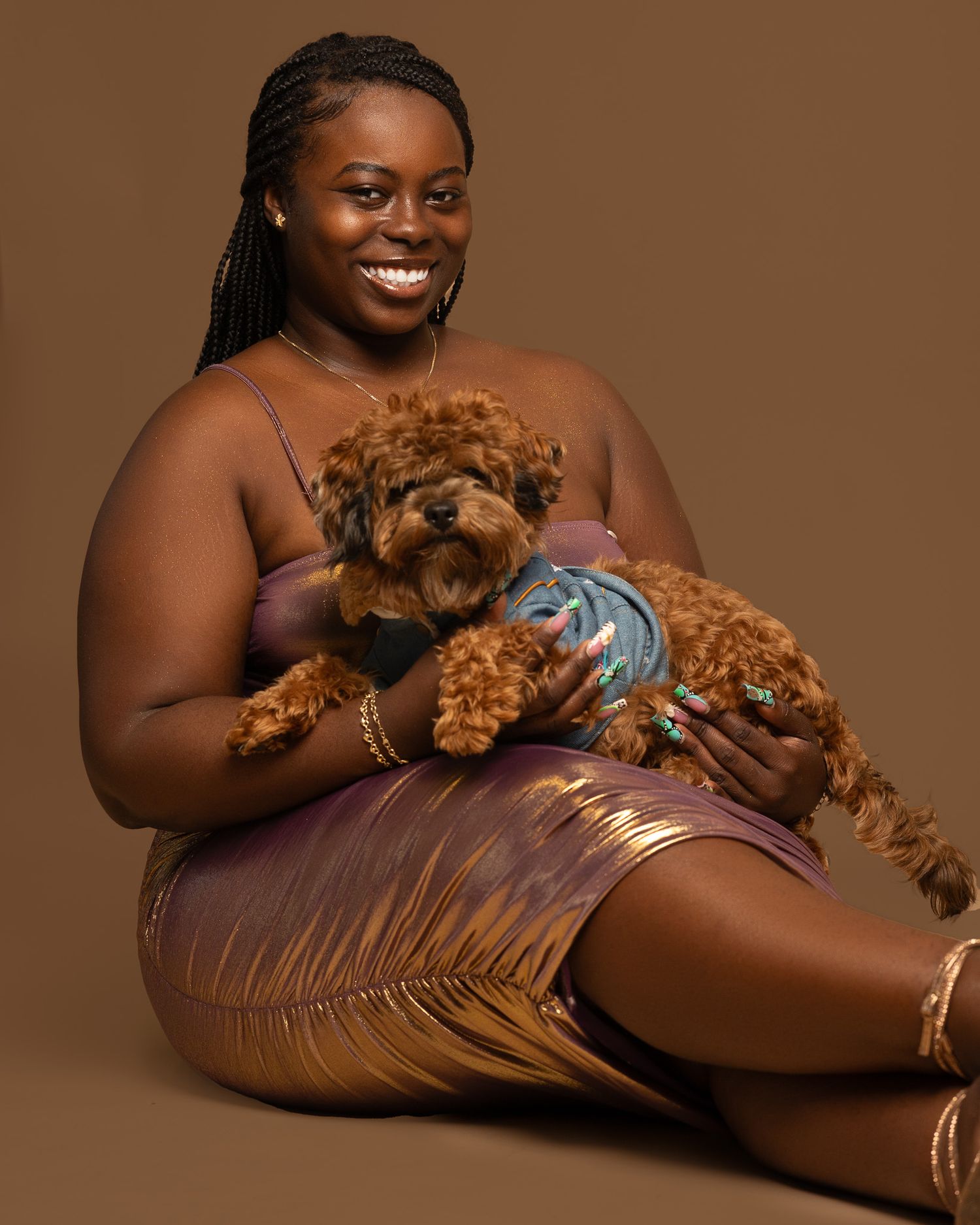 Glamour portrait with small brown dog in metallic dress against brown backdrop.