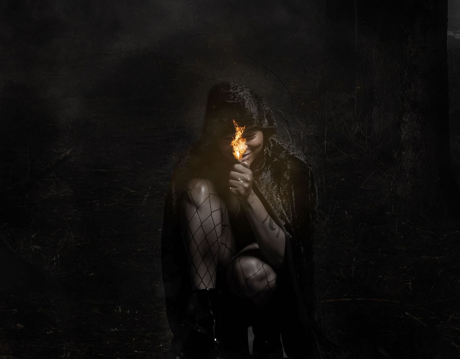 Dramatic black and white photo series with smoke and lighting effects.