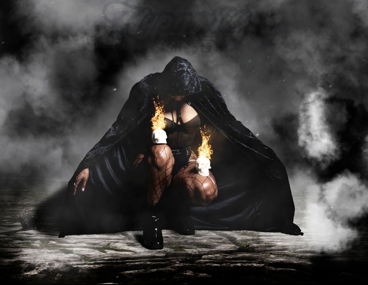 Dramatic black and white photo sequence with smoke effects and flowing dark fabric.
