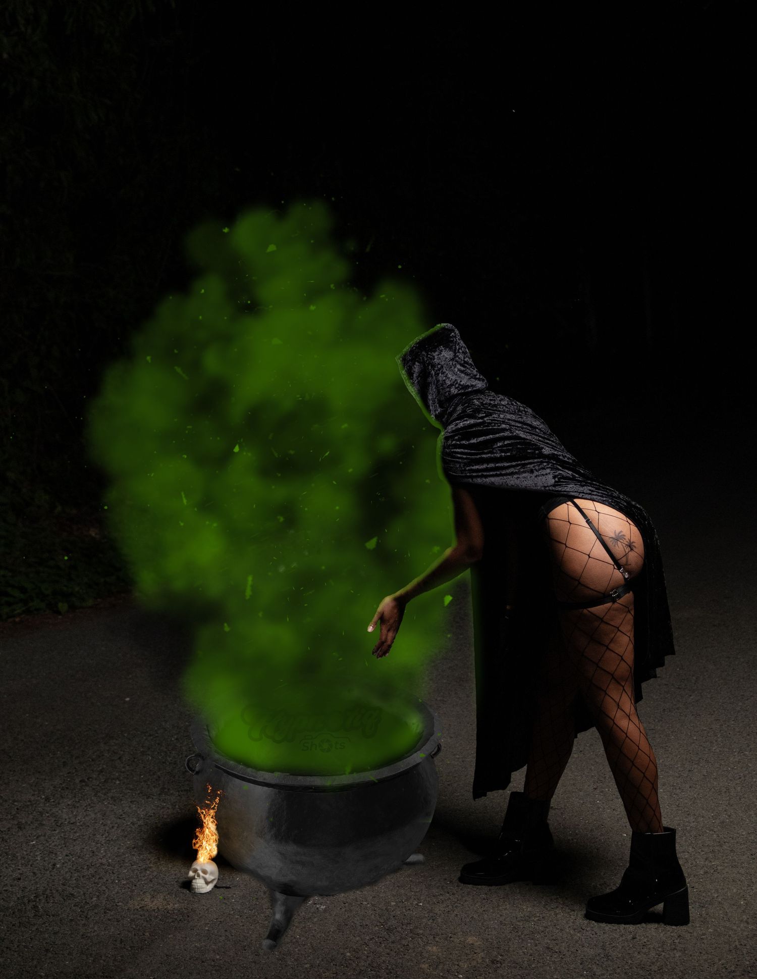 Artistic photo sequence showing green smoke effects from a cauldron in darkness.