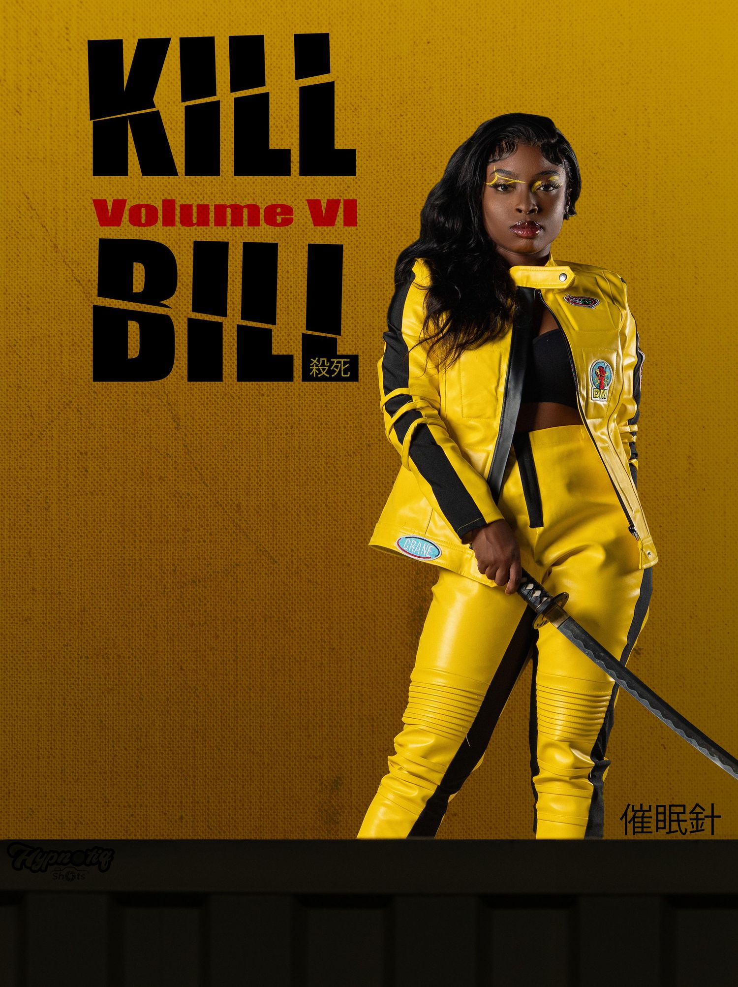 Woman in yellow leather suit poses with sword in Kill Bill Volume VI movie poster style.