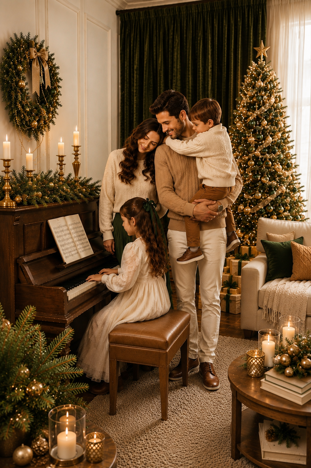 Family gathered around a piano in a festive living room with Christmas tree, candles, and holiday decorations.