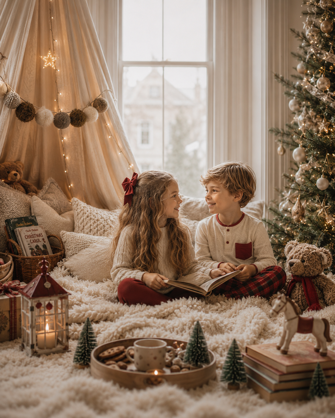 Two children reading a book together by a Christmas tree with cozy holiday decorations, lanterns, and a festive teepee backdrop.
