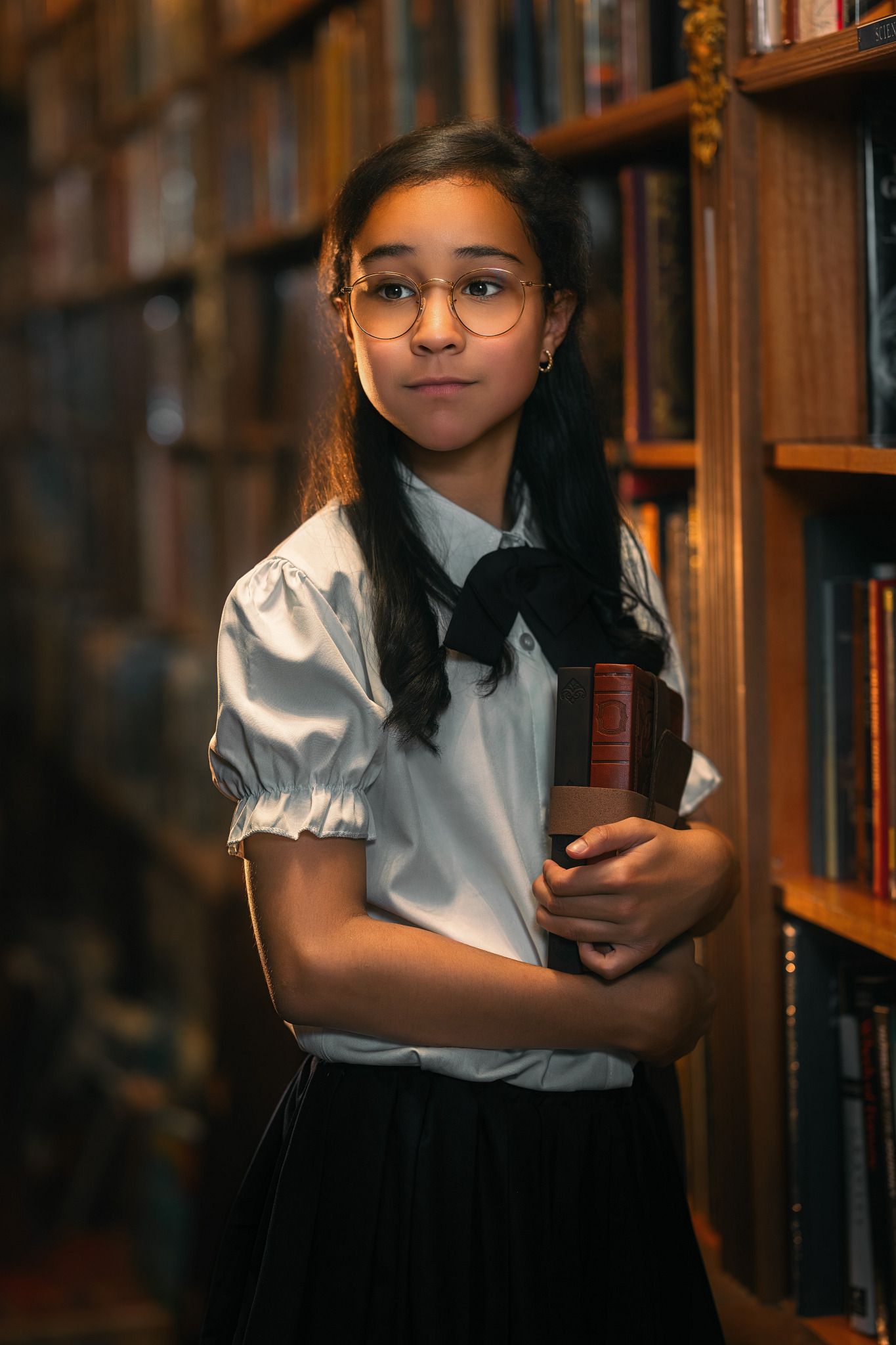 Young girl in glasses holding a book in a classic library with wooden bookshelves filled with books.