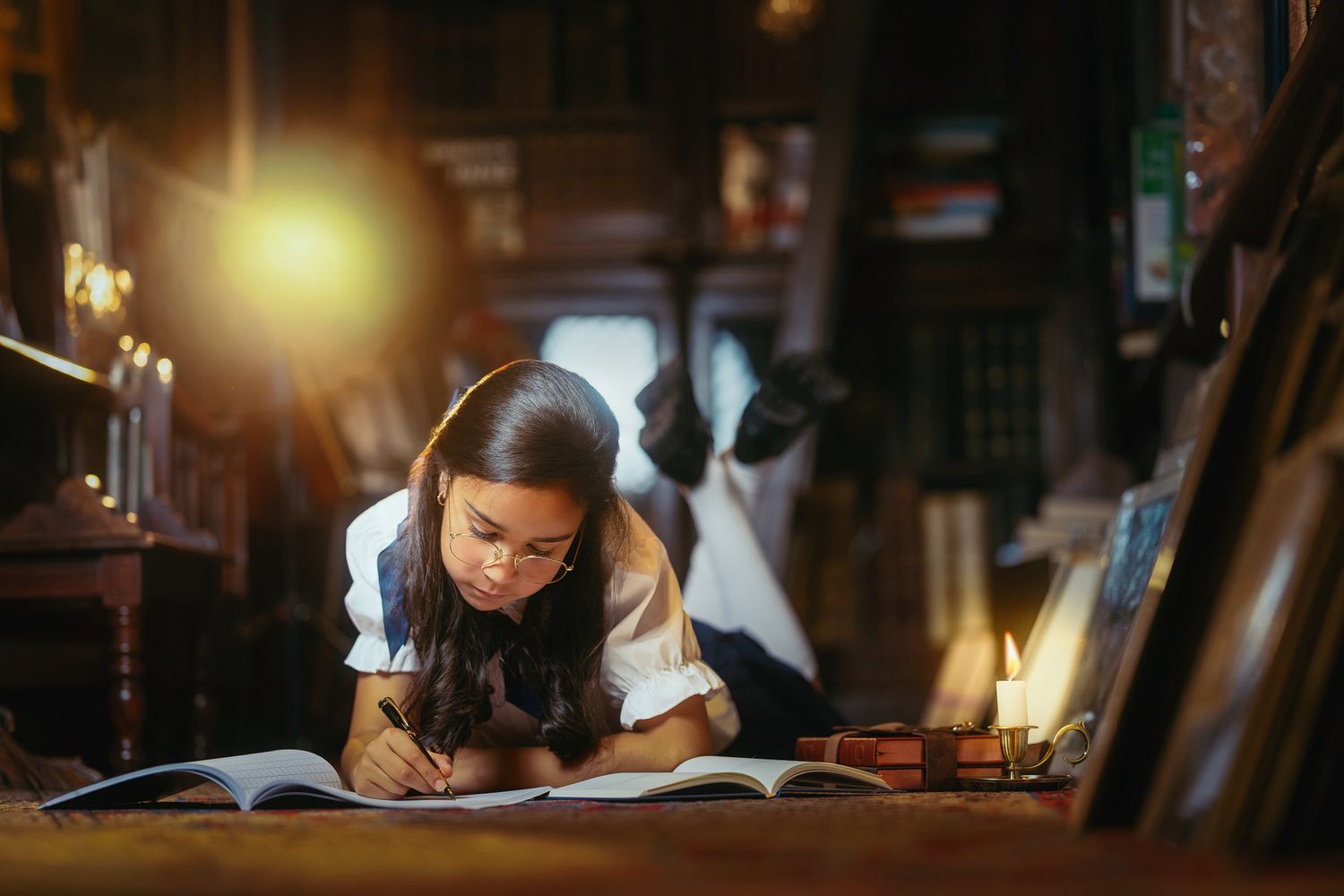 A young student lies on the floor in a cozy library, writing in a notebook by warm candlelight.