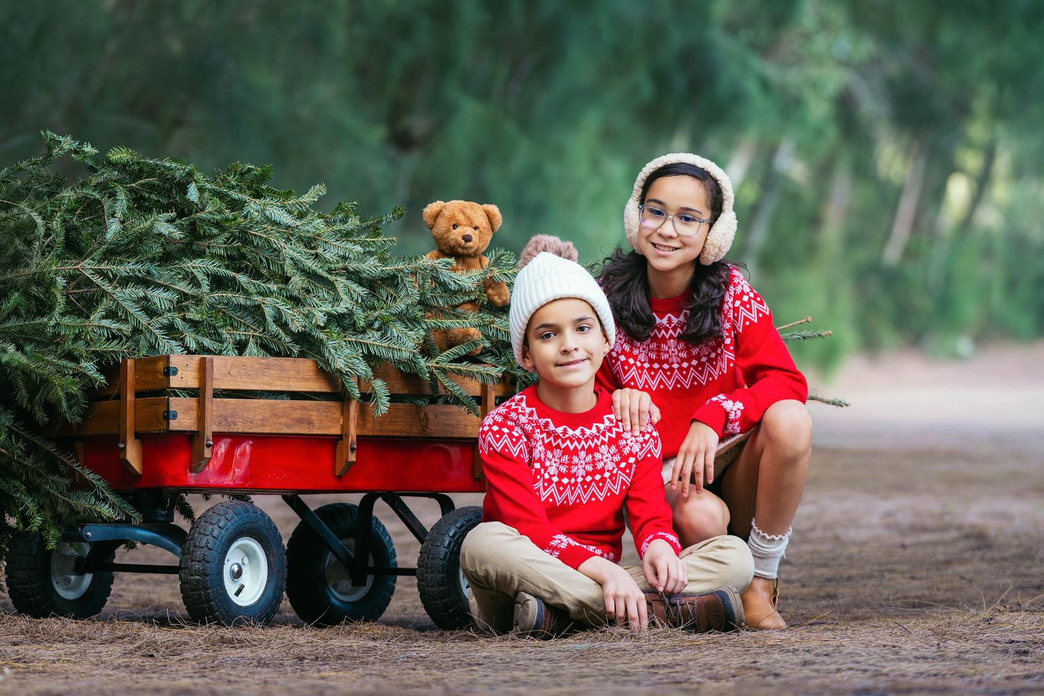 Two children in red Christmas sweaters pose with a wagon carrying a festive tree and teddy bear outdoors.