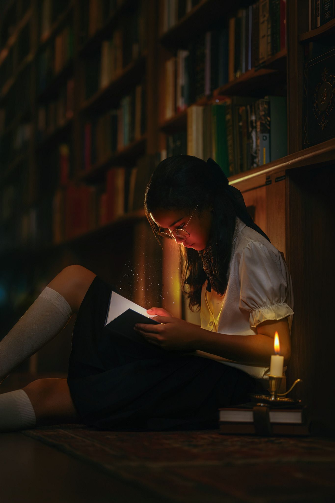 A girl reads a book by candlelight on a library floor, surrounded by shelves of books in a dark, cozy setting.