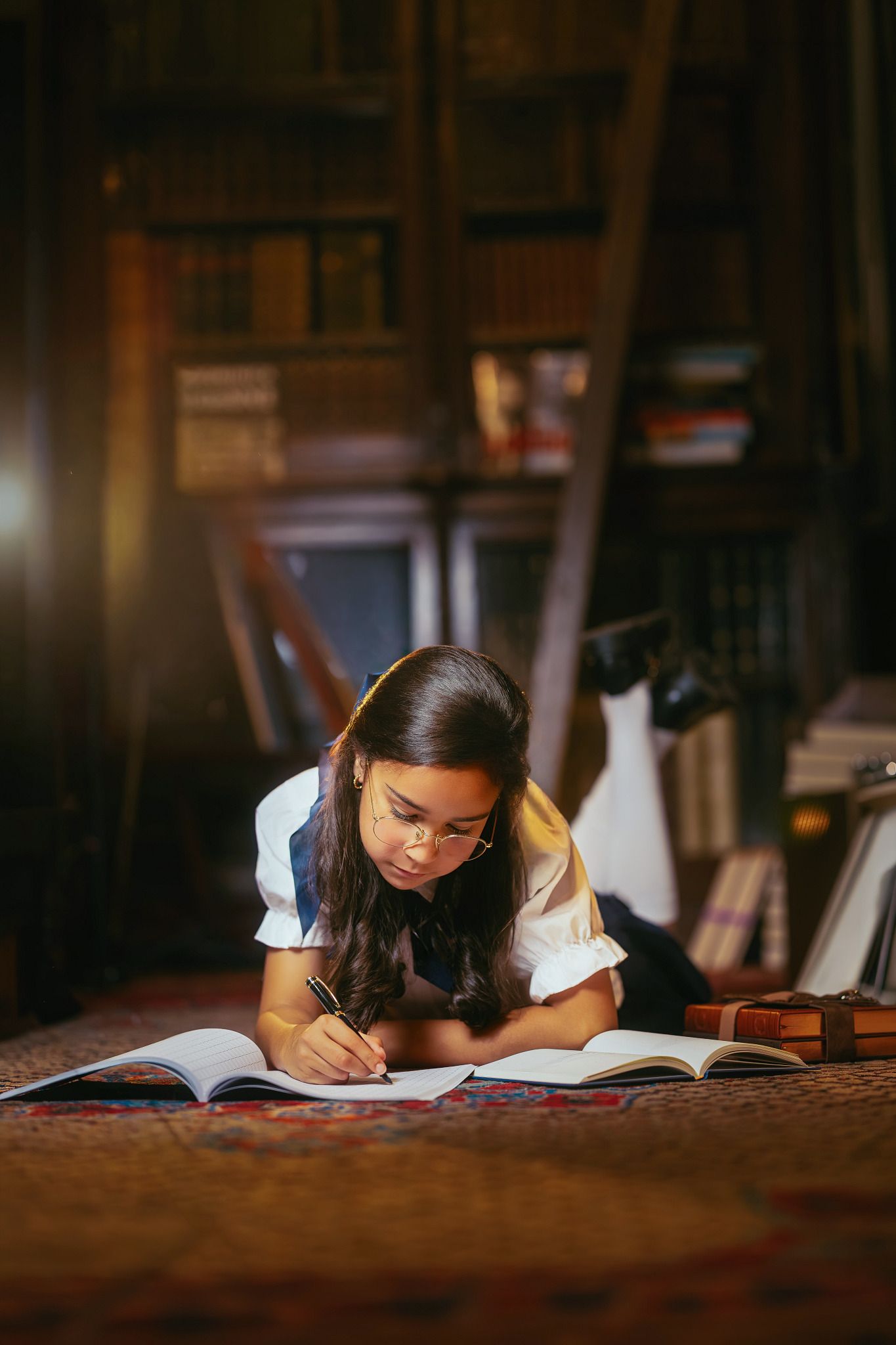 Young woman in glasses lying on floor writing in notebook surrounded by bookshelves in cozy library.