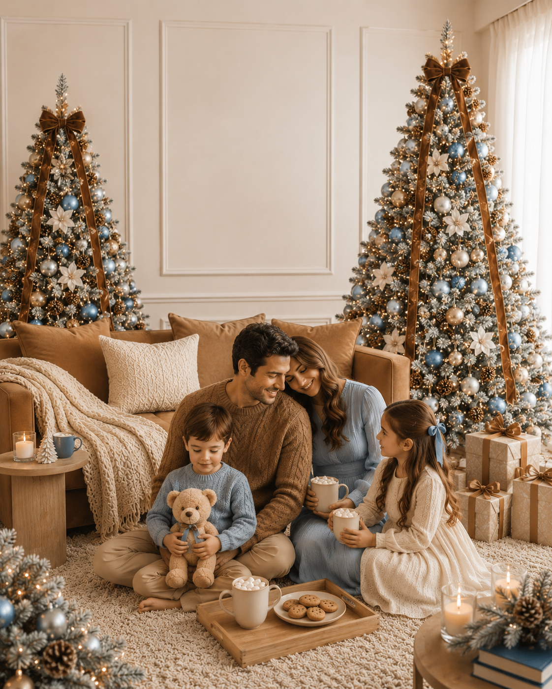 Family sitting together on a cozy rug between decorated Christmas trees, sharing hot cocoa and cookies in a warm living room.