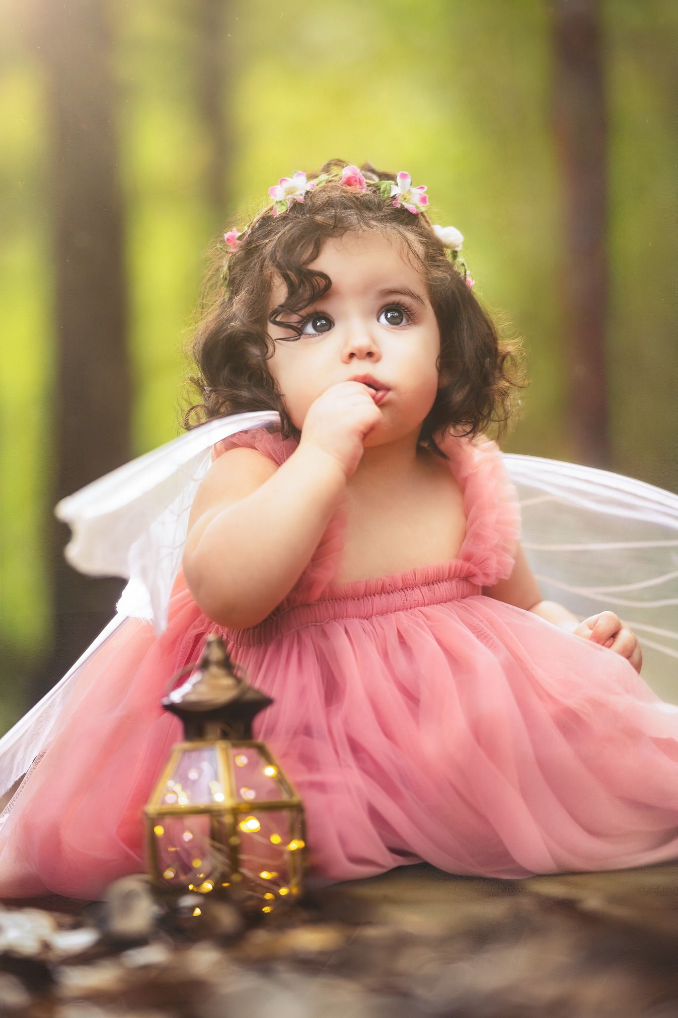 Toddler girl in pink tutu dress and flower crown with fairy wings sits in a forest holding a glowing lantern.