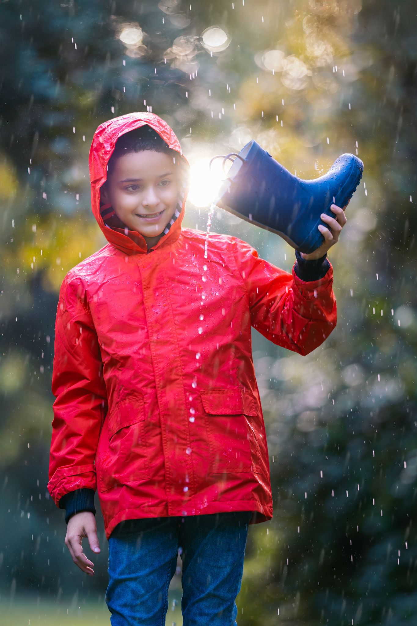 Child in bright red raincoat playing and splashing in the rain on a colorful autumn day.
