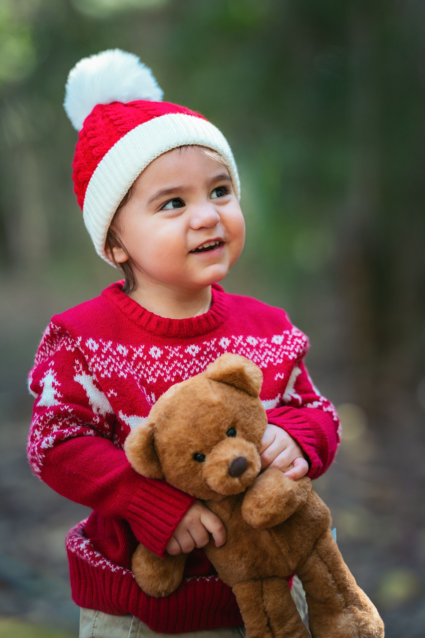 Toddler in red Christmas sweater and Santa hat hugging a brown teddy bear outdoors in a forest.