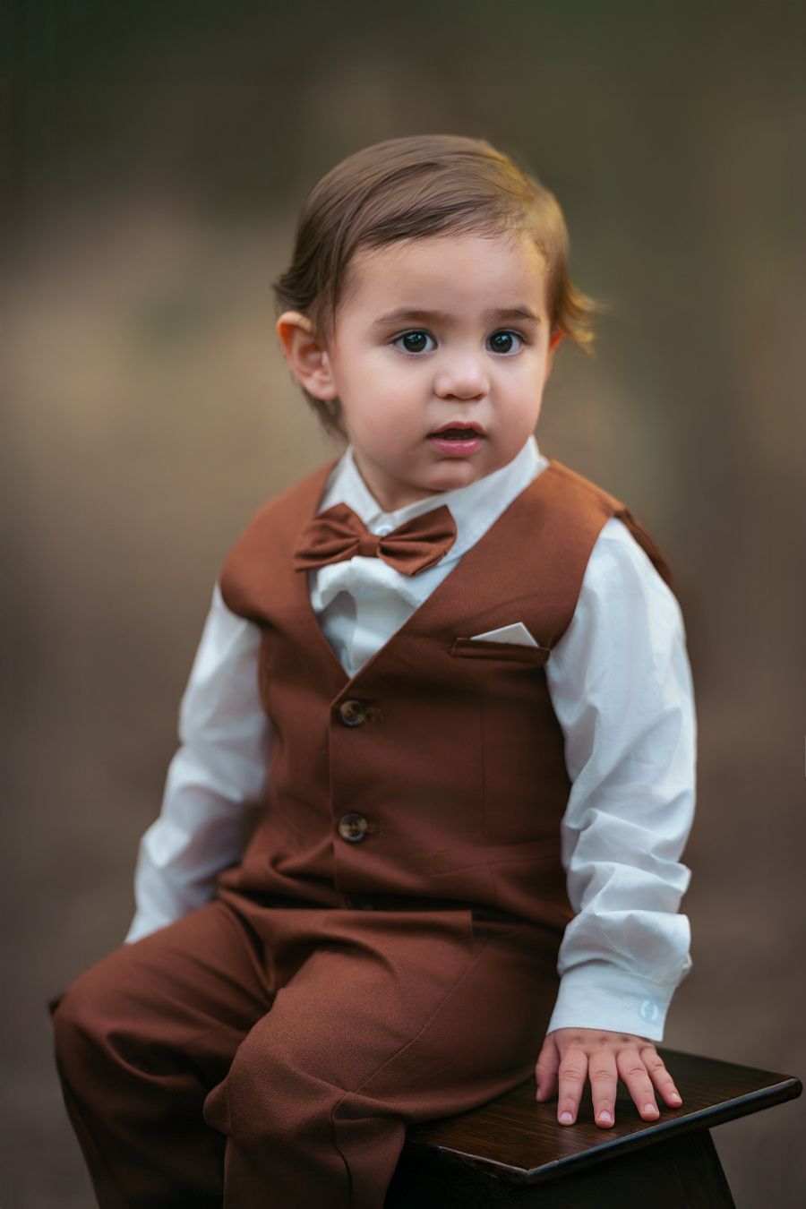 Adorable toddler boy in brown vest, bow tie, and trousers with white dress shirt seated outdoors.