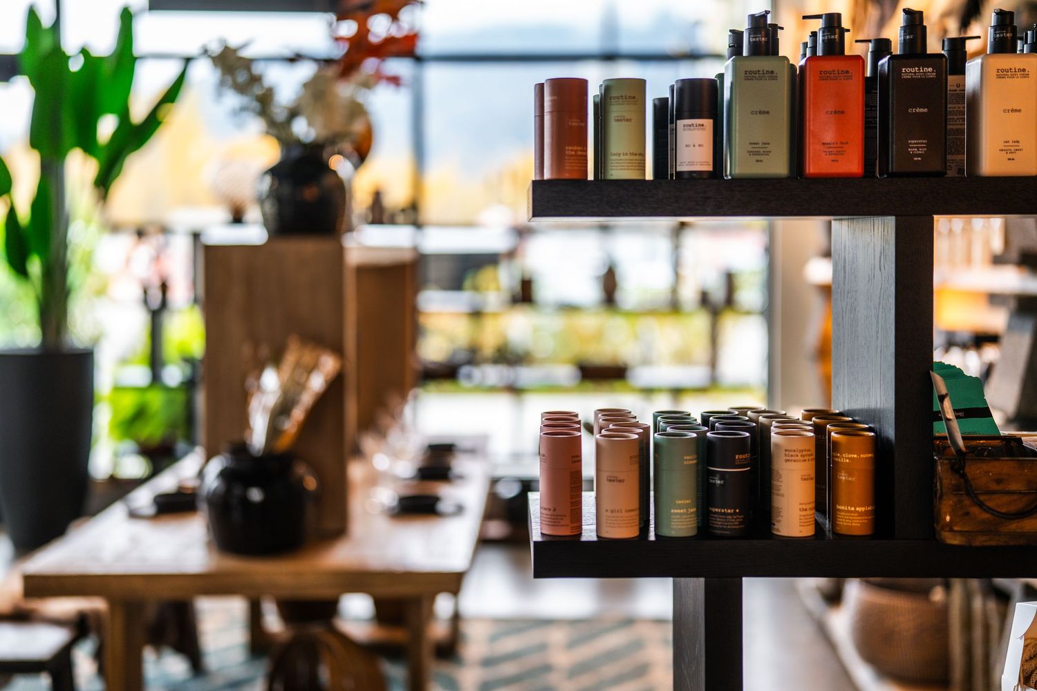 Shelves displaying various bottles and containers of products in a well-lit retail space with natural lighting.