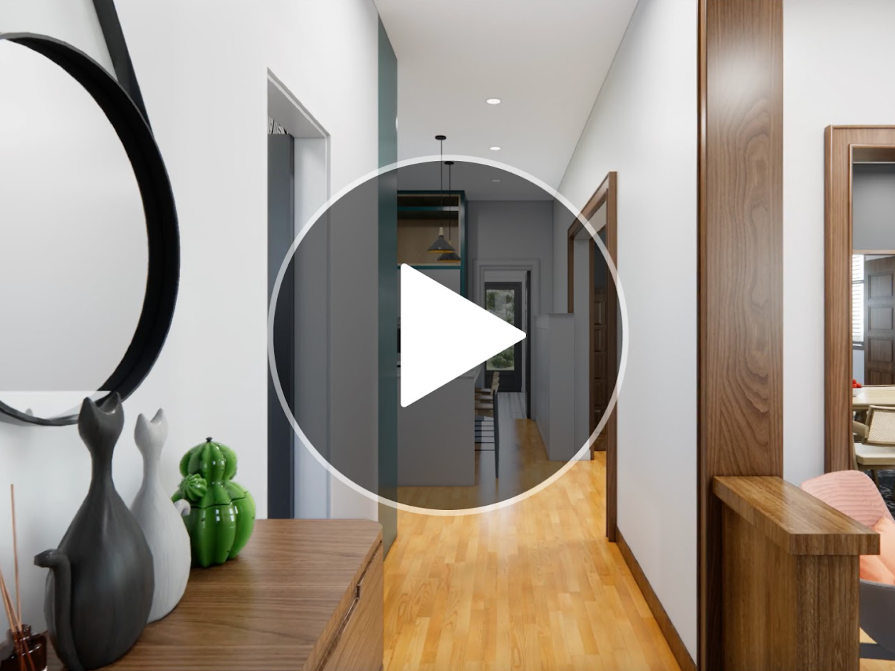 Modern hallway features wood flooring, white walls, and sleek black circular artwork mounted along the corridor.
