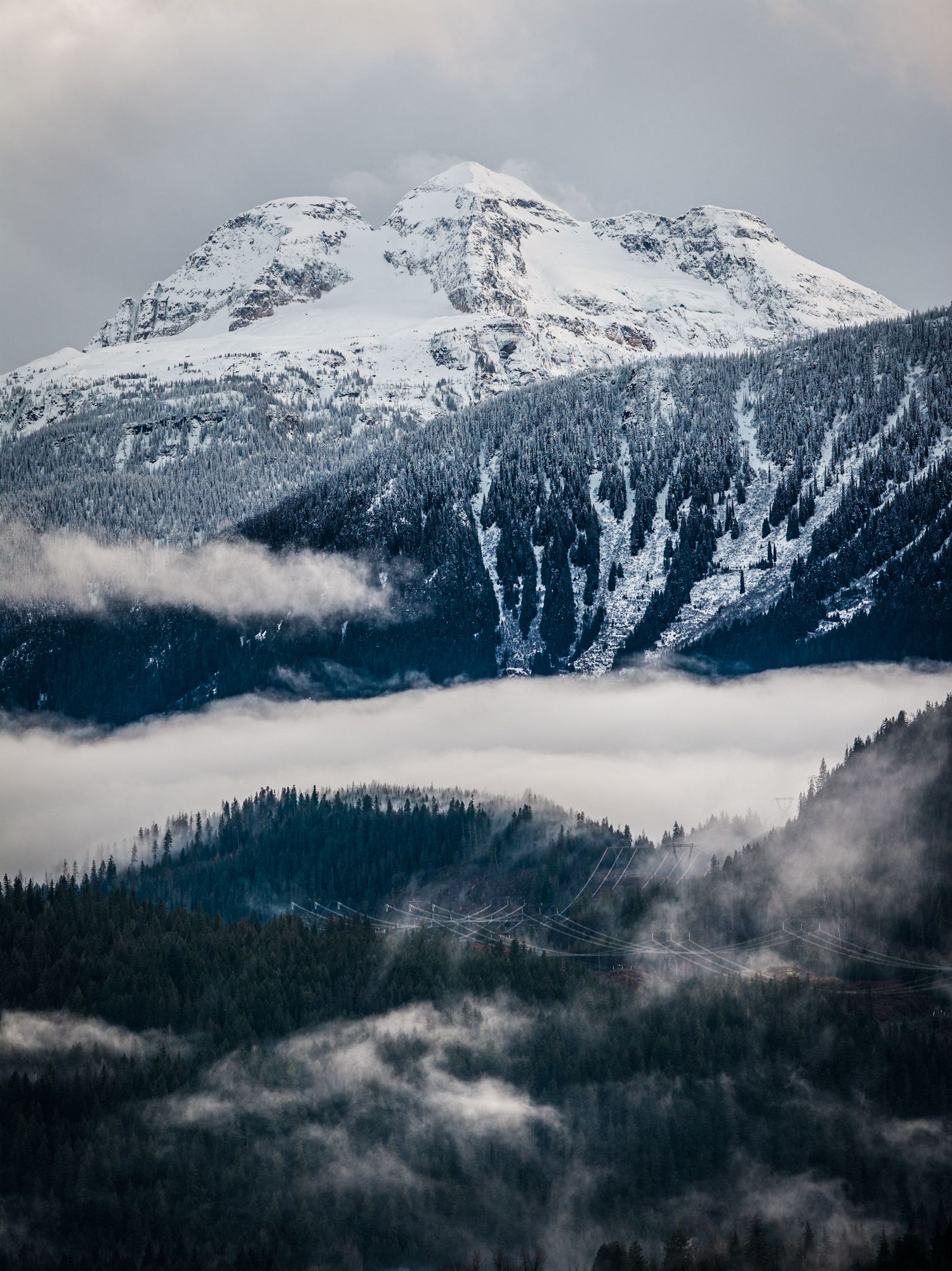 Snow-capped mountain peak rises above misty clouds and evergreen forest in moody winter landscape.