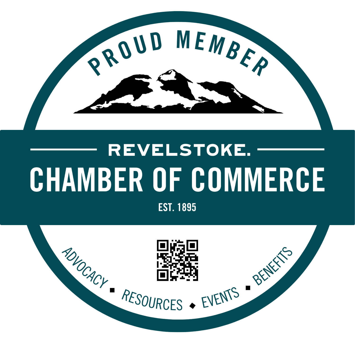 Three circular logo badges for Revelstoke Chamber of Commerce featuring mountain and nature themes in teal and black colors.