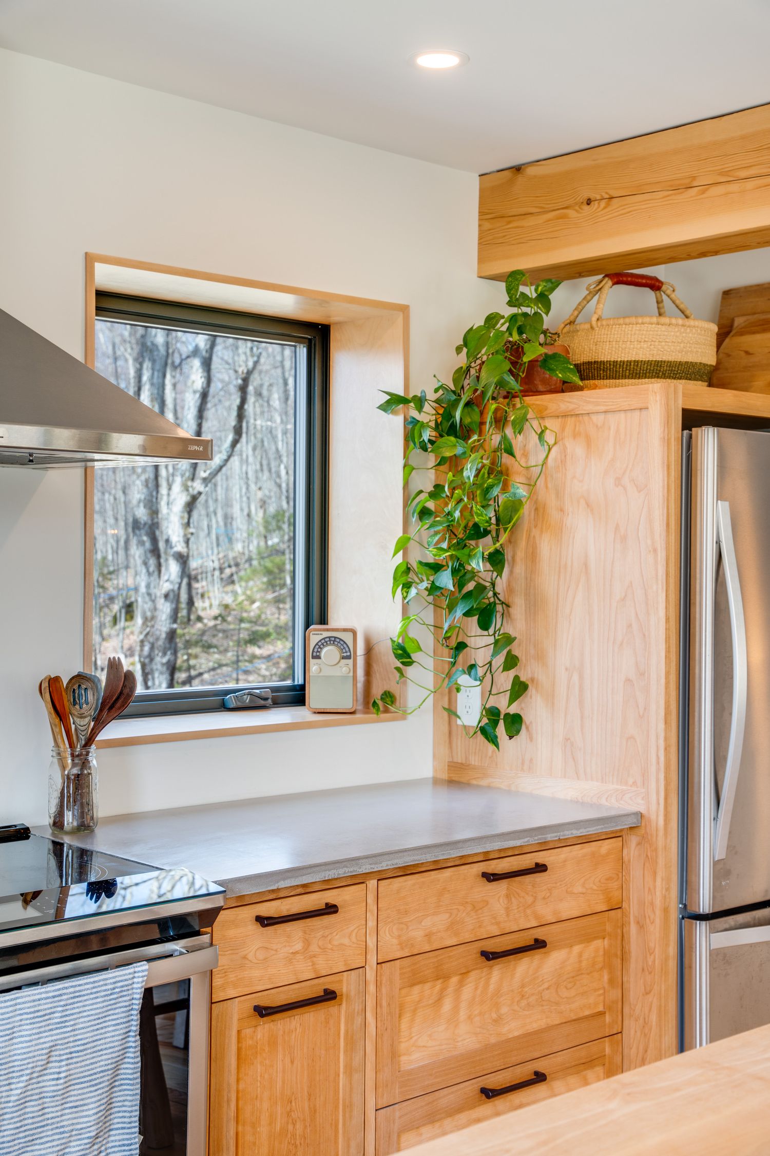 Modern kitchen with wooden cabinets, stainless appliances, and large window overlooking snowy forest.