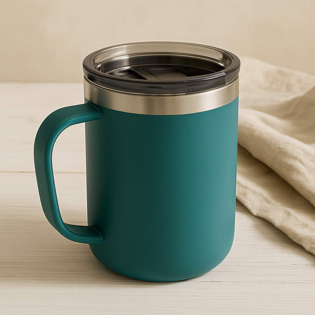 Fotografía de taza verde sobre fondo beige. Imagen de producto profesional para e-commerce y catálogos online.