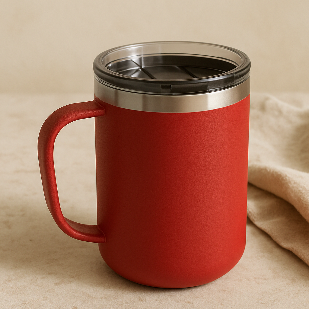 Fotografía de taza roja sobre fondo beige. Imagen de producto profesional para e-commerce y catálogos online.