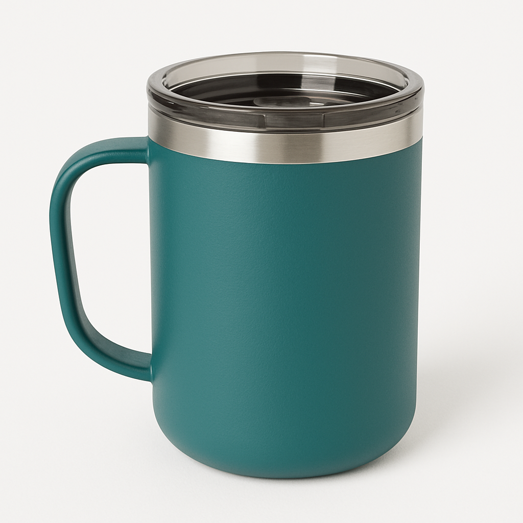 Taza verde turquesa sobre fondo blanco. Fotografía de producto limpia y moderna para tiendas online en Oviedo.