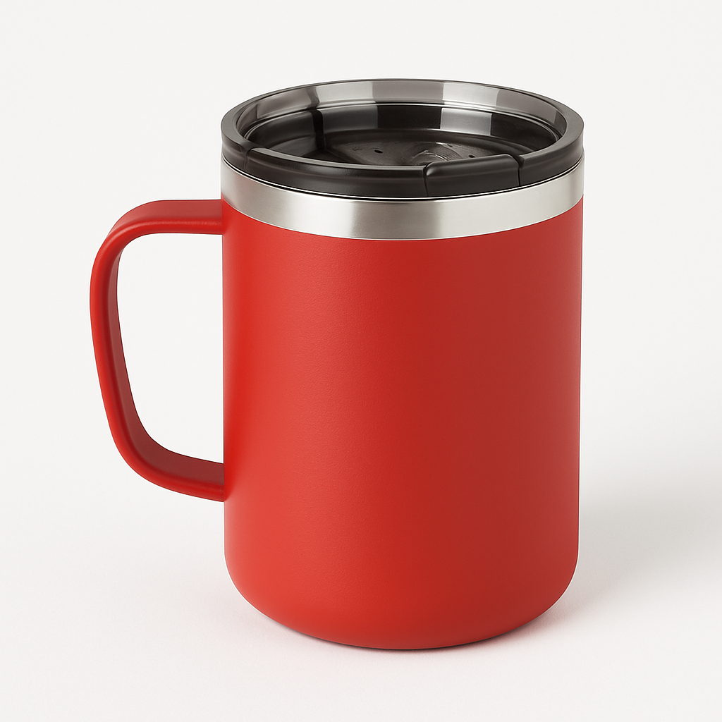 Taza verde roja sobre fondo blanco. Fotografía de producto limpia y moderna para tiendas online en Oviedo.
