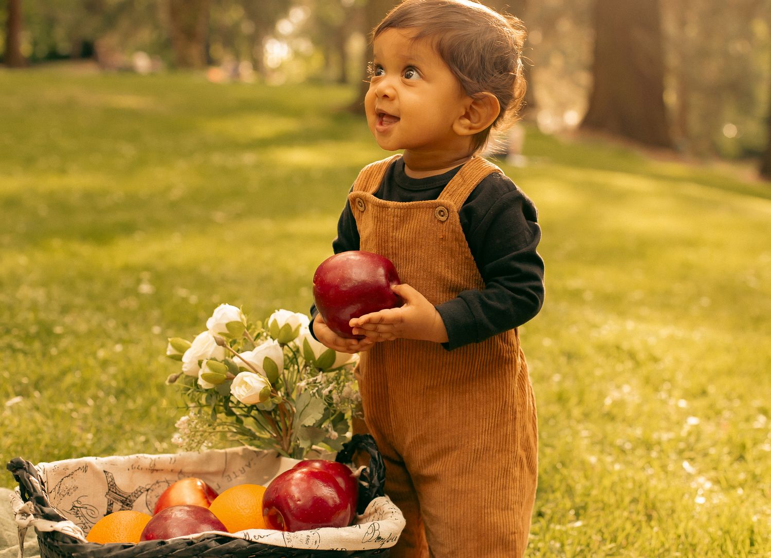 A baby wearing brown overalls holds an apple and smiles while in a sunny park for a family photoshoot