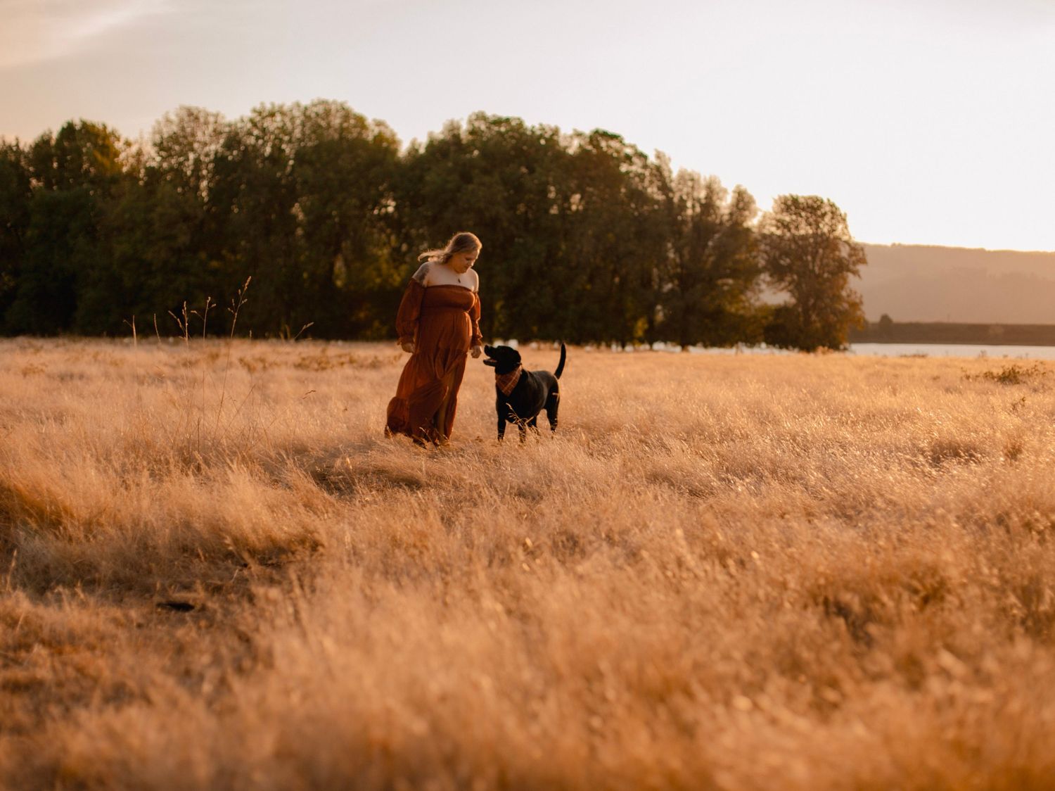 A woman and her dog pose in a country field with trees and a sunset in the background for a pet portrait photoshoot in Portland, Oregon