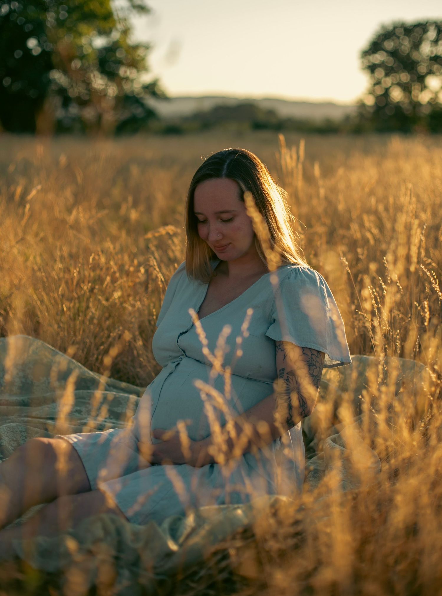 A maternity photo of a woman in a blue dress holding her belly and looking down while sitting in a sunset-lit wheat field.