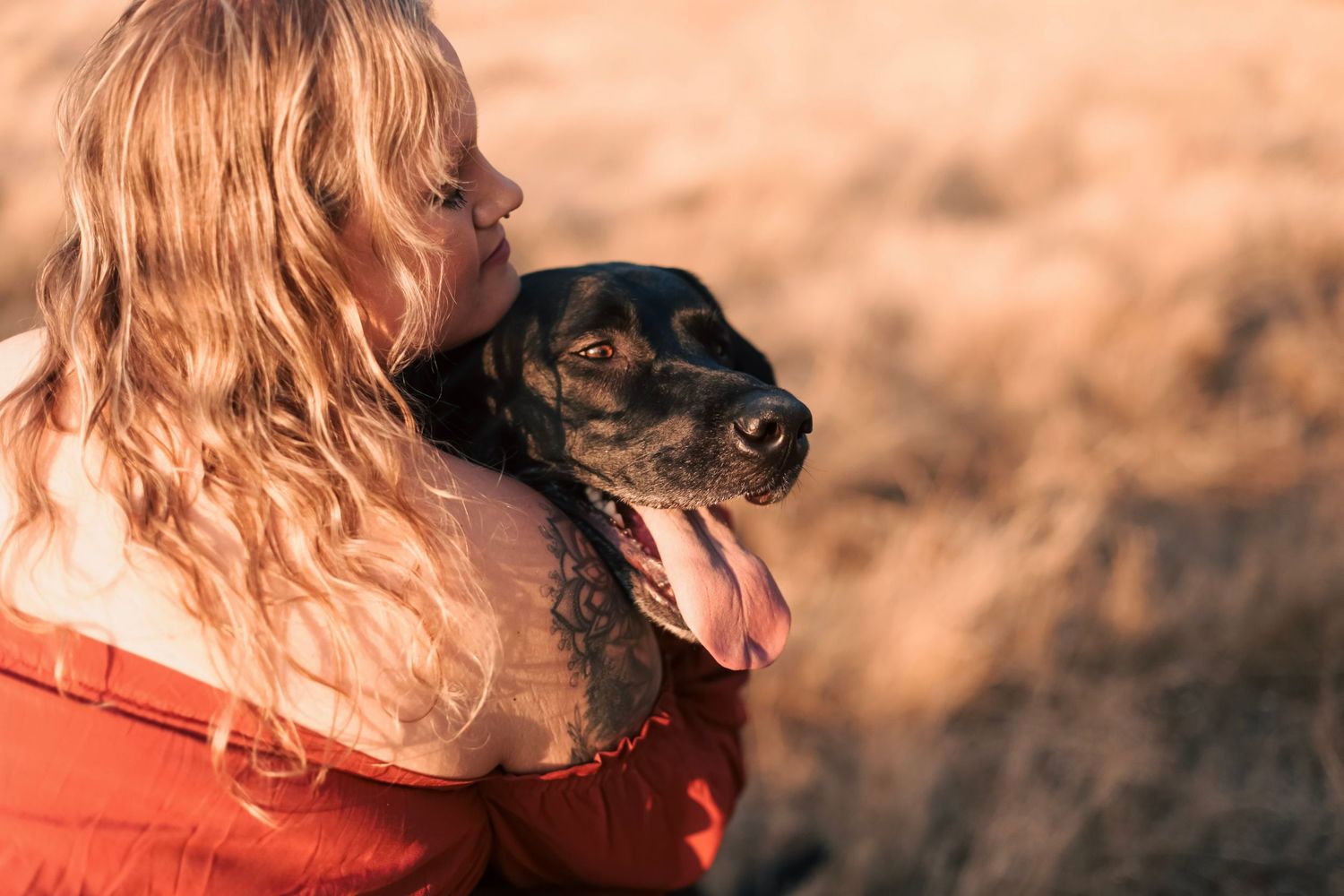 A woman and her black dog hugging in a grassy field.