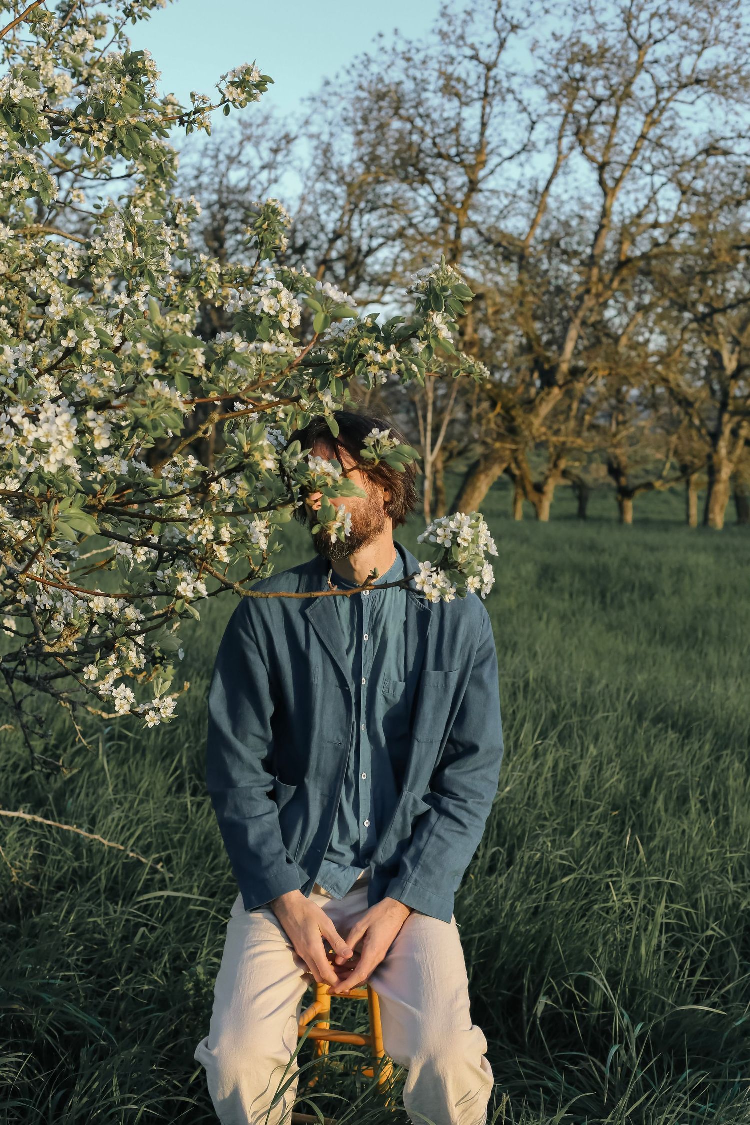 A man sitting on a stool in a green field with white flowers covering his face.