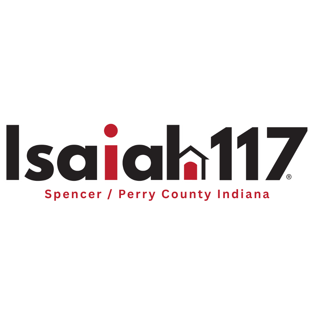 Isaiah 117 House logo for Spencer and Perry County Indiana, featuring bold black text with a red house icon.