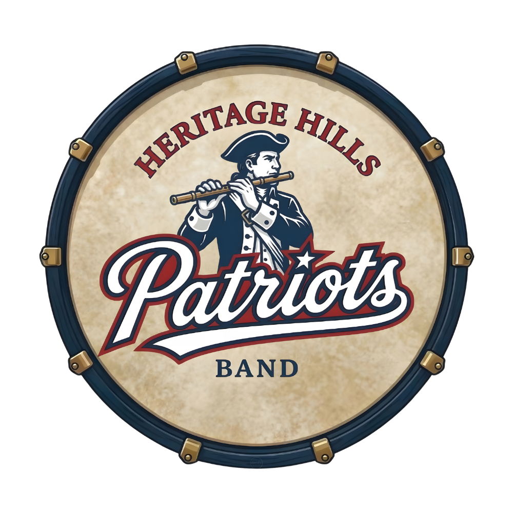 Heritage Hills Patriots Band logo on a vintage drum head featuring a colonial minuteman mascot.