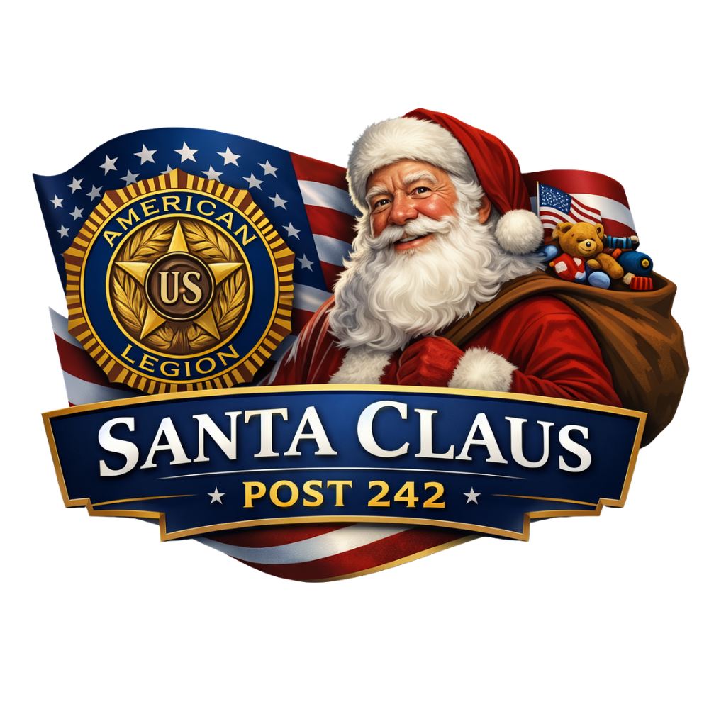 American Legion Santa Claus Post 242 logo featuring Santa with a toy sack and US flag.